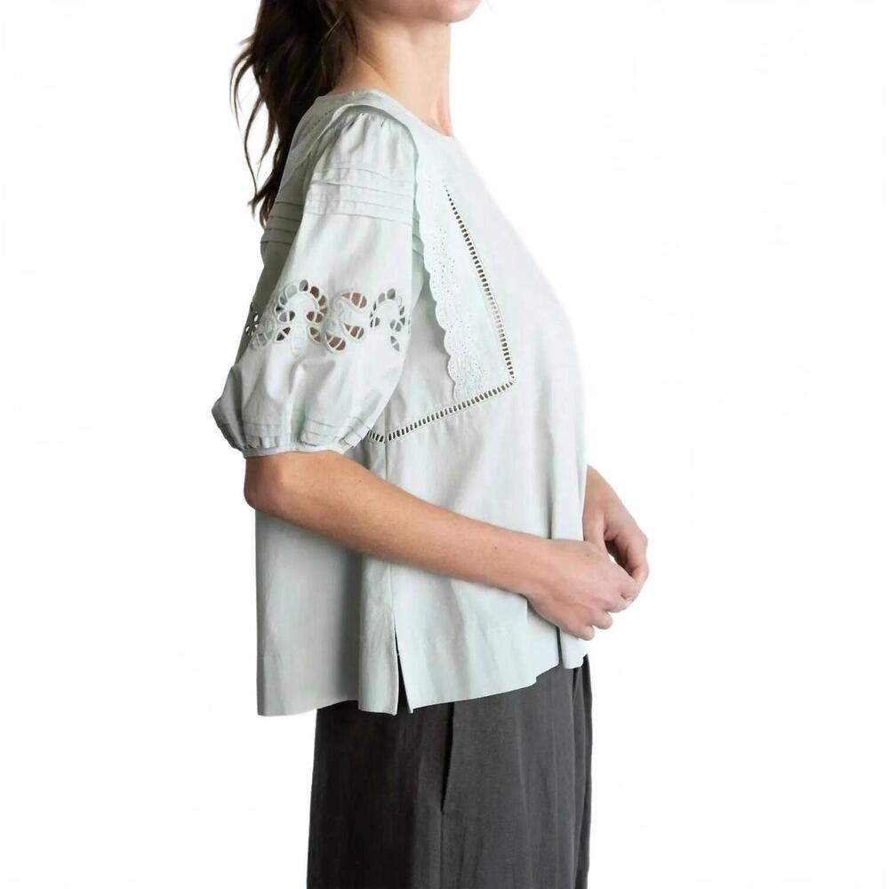NEW ELLE GREY embroidered puff sleeve blouse in green